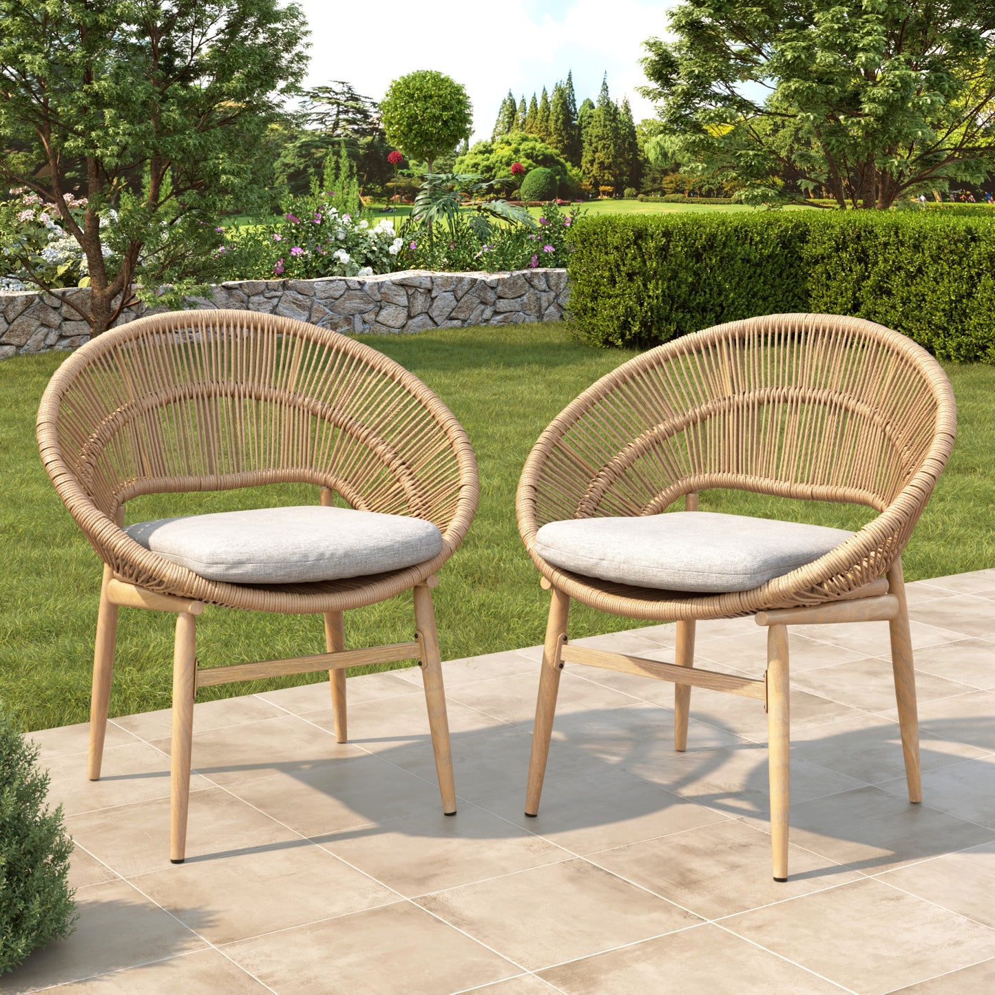 Cyril Outdoor Wicker Papasan Style Dining Chair  Teak Finished Leg And Light Brown Faux Rattan  Beige Cushion  Set Of 2
