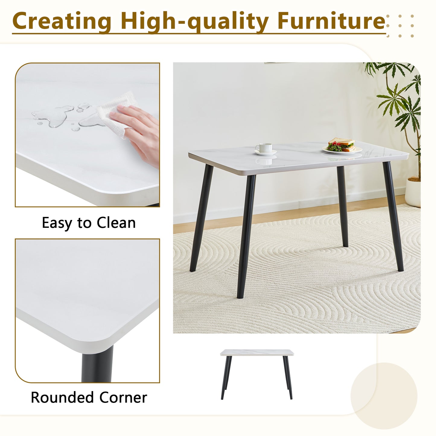Modern Minimalist Rectangular Dining Table,suitable For 4-6 People.Tempered Glass Countertop Lower MDF Board,imitation Marble Texture,black Metal Tapered Legs.Suitable For Minimalist Restaurants.