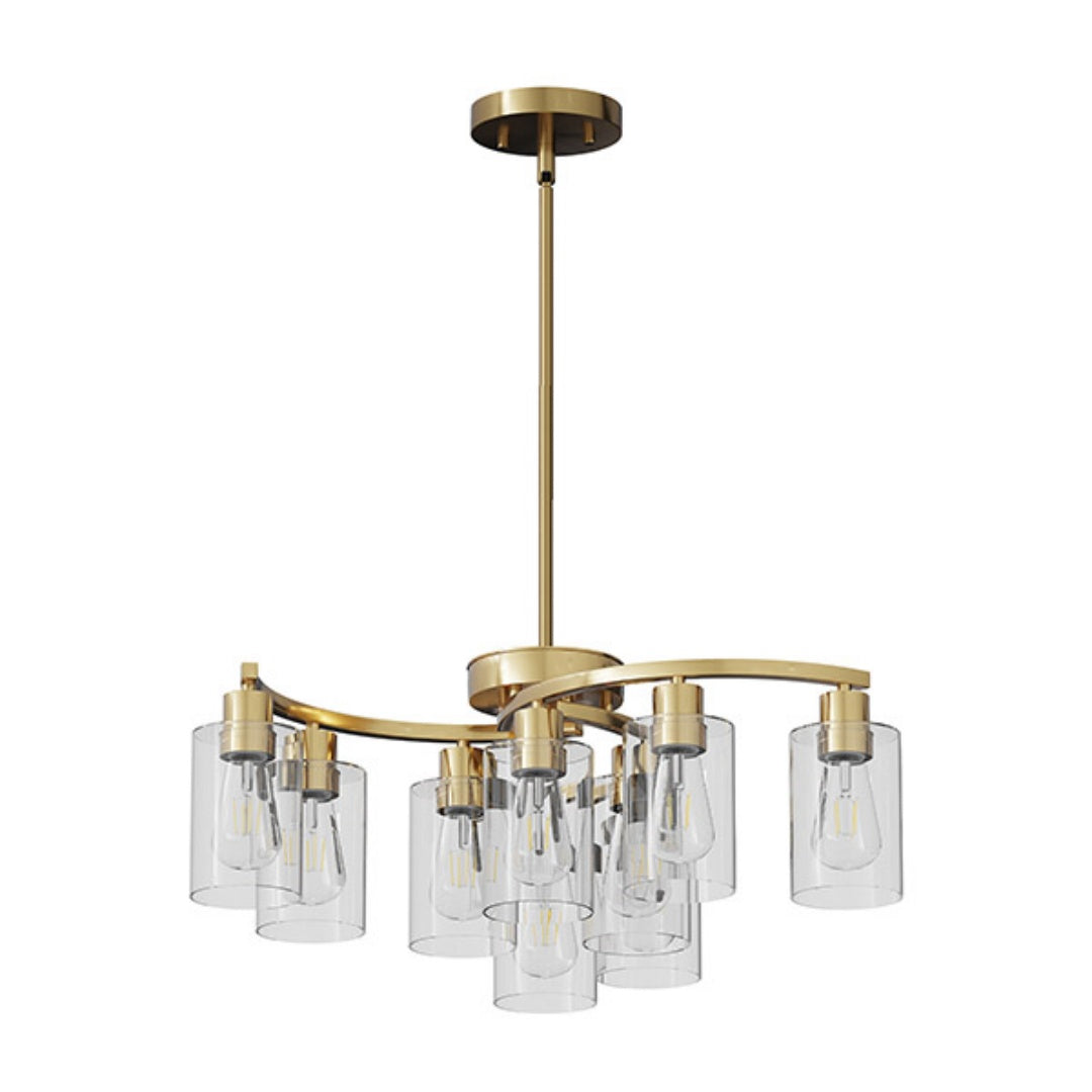 9-Light Gold Glass Chandelier, Adjustable Height Dining Room Light Fixtures Over Table, Contemporary Hanging Chandelier For Kitchen Island Living Room Foyer Office, Clear Glass Shade