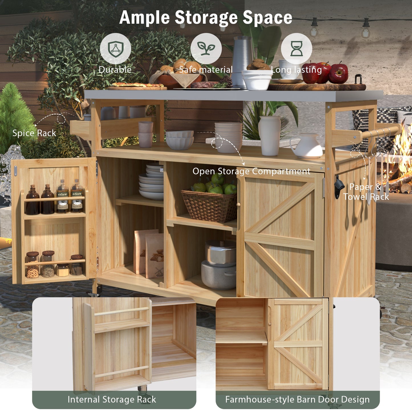 K&K Outdoor Kitchen Island, Rolling Bar Cart & Storage Cabinet, Farmhouse Solid Wood Outdoor Grill Table With Stainless Steel Top, Spice Rack , Towel Rack For Kitchen & BBQ , Natural