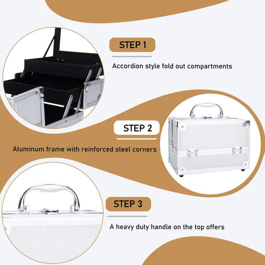 SM-2176 Aluminum Makeup Train Case Jewelry Box Cosmetic Organizer With Mirror 9'x6'x6' Silver