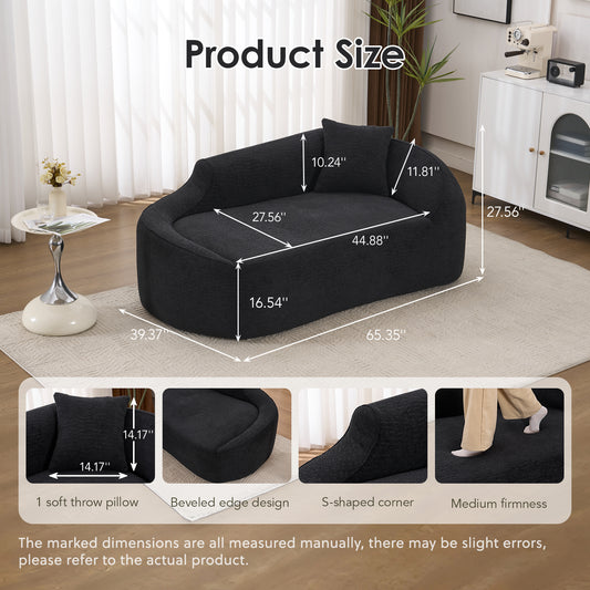 LY-048 Compression Curved Chaise Longue Chair Indoor  Modern Chenille Loveseat Couch With Deep Seat Sofa Bed With 1 Pillow  Sleeper Sofa Couch For Living Room  Bedroom  Apartment  Black