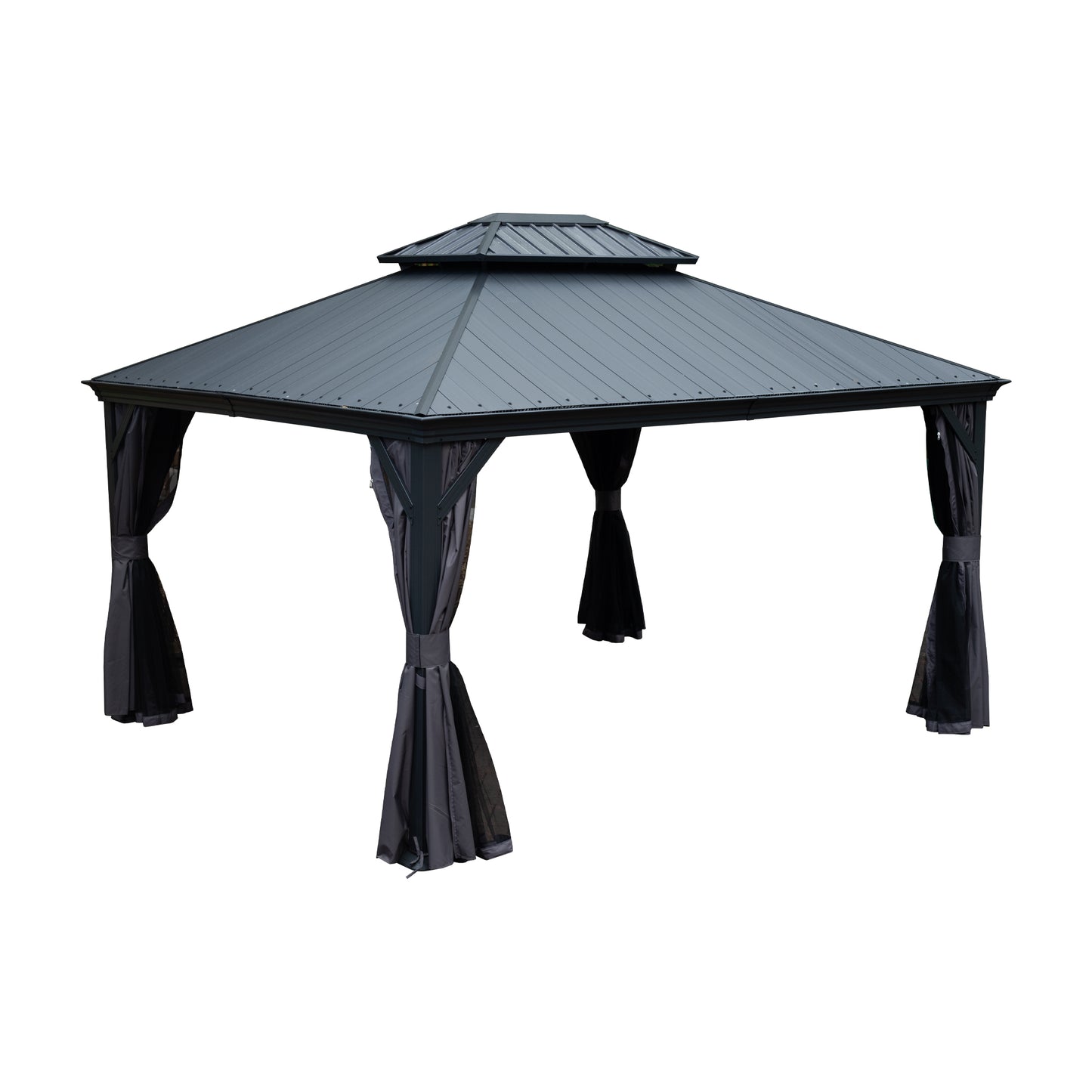 10 X12  Hardtop Gazebo With Resin Roof, Outdoor Metal Gazebo With Drainage Gutters, Permanent Heavy Duty Pavilion For Patio, Backyard And Deck, Curtains And Mosquito Netting Included