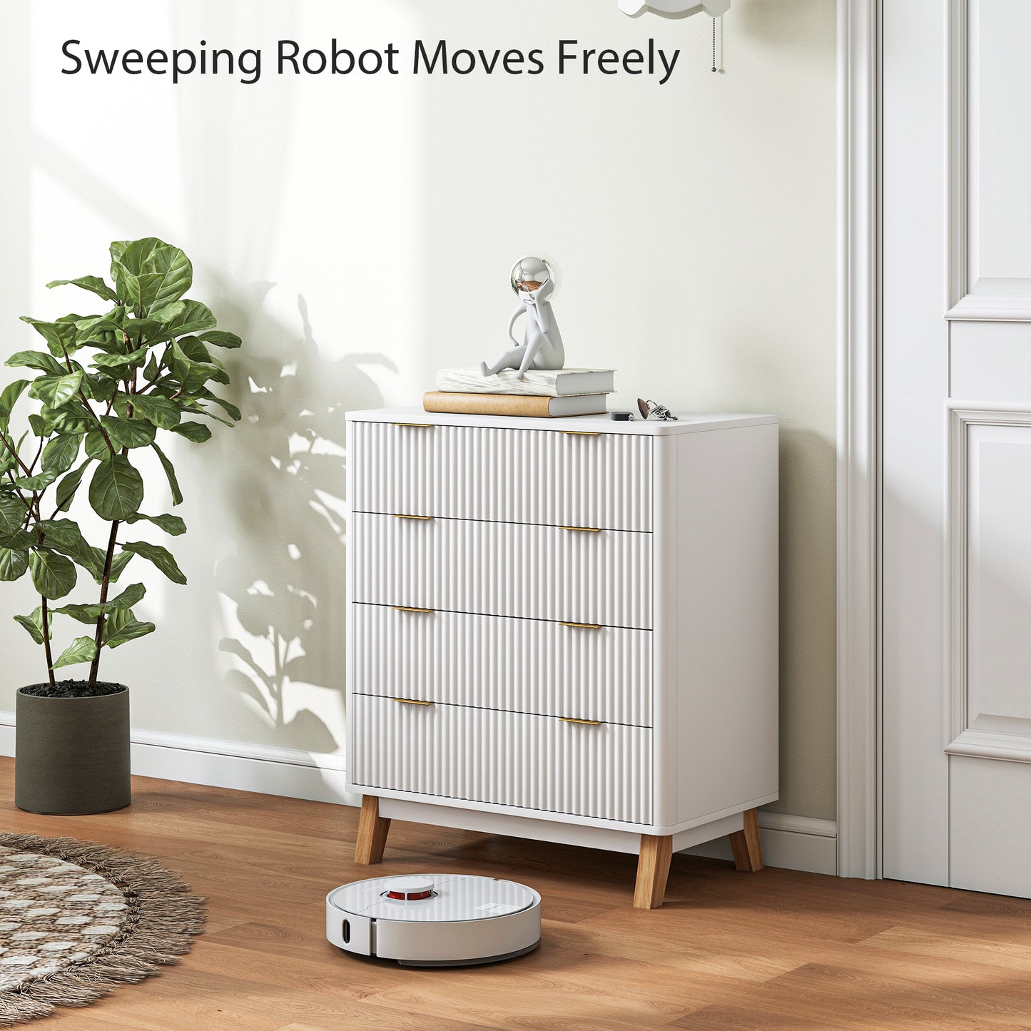 4 Drawer Double Dresser For Bedroom, Fluted Chest Of Drawers With Gold Finger Pulls And 4 Wood Legs, White