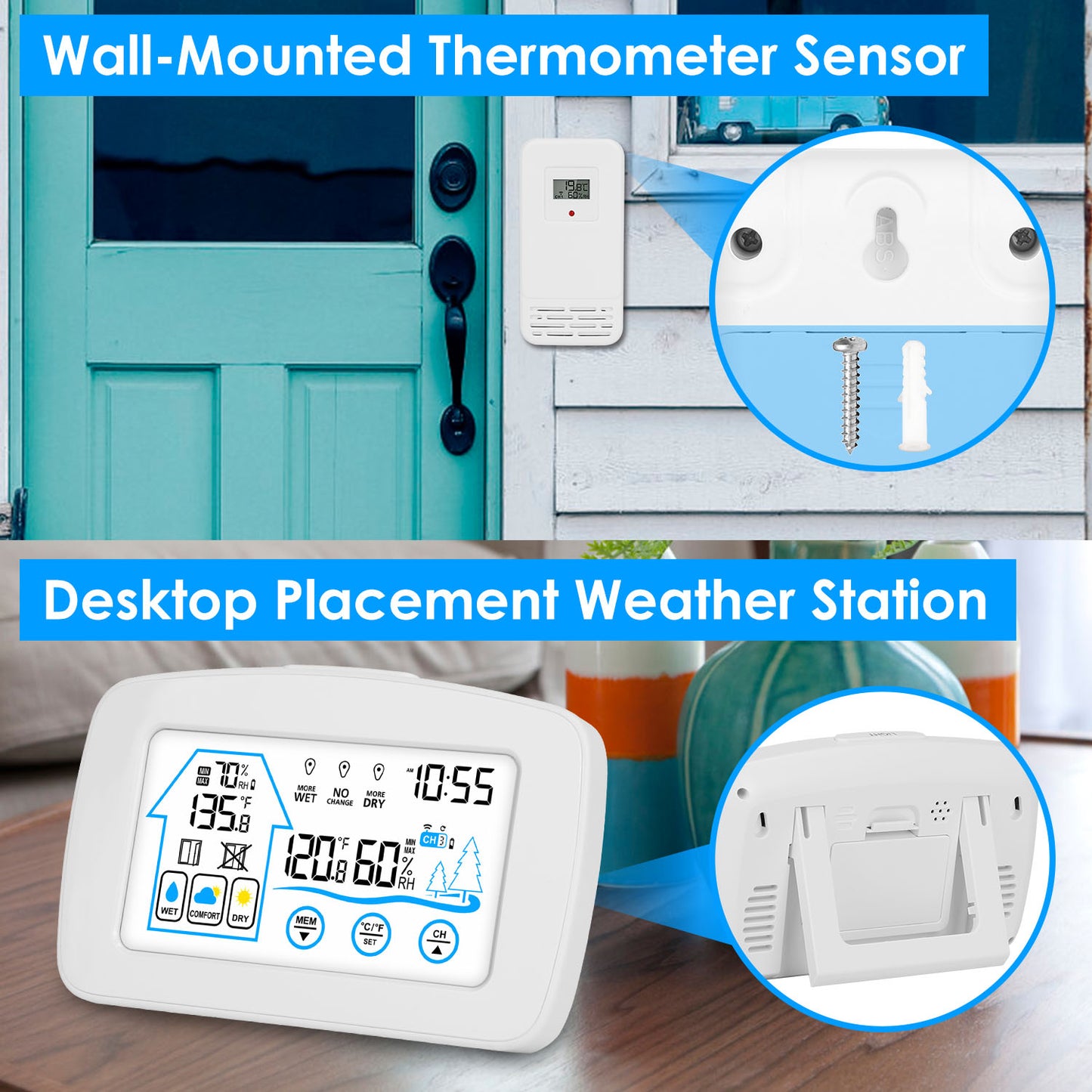 1Pc Wireless Weather Station With Clock 196FT Range Indoor Outdoor Thermometer Sensor Temperature And Humidity Monitor Humidity Forecast Battery Powered Backlight Display
