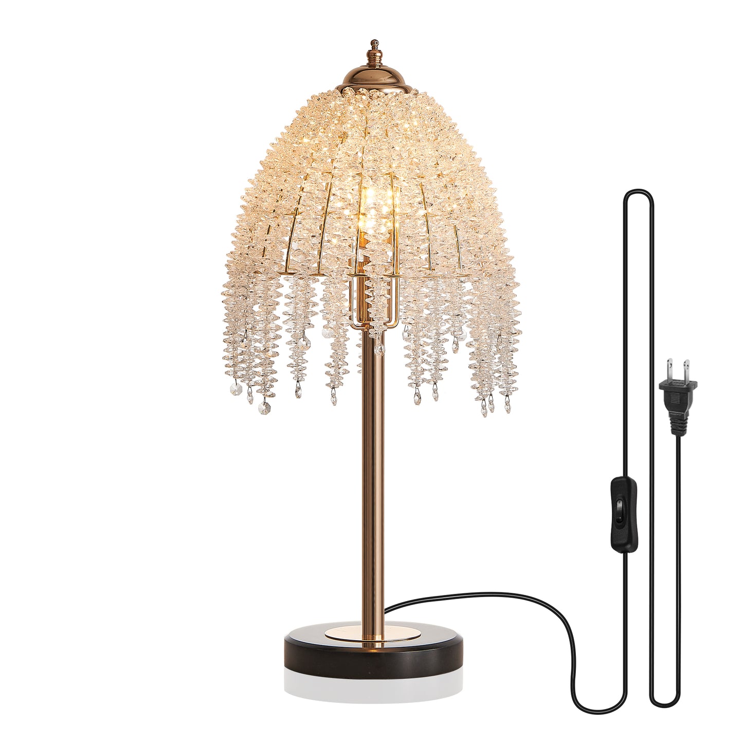 19 H Elegant Crystal Table Lamp   Vintage Waterfall Design With Crystal Bead String Shades And Marble Textured Base For Living Room, Bedroom, Or Office  Bulb Not Included