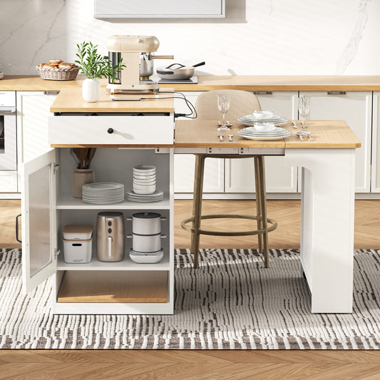 K&K 59.5   Kitchen Island With Extendable Dining Table, Kitchen Storage Table With Double-sided Storage, Kitchen Island With 2 Drawers, Power Outlet, Side Open Shelves, For Kitchen, Dining Room, White