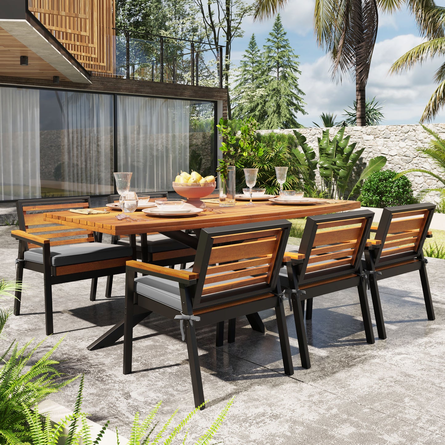 Modern 7-Piece Dining Set, Acacia Wood With Iron Frame, 6 Chairs With Dual-Layer Iron & Wood Seat Frame And Detachable Cushions, Outdoor Indoor Furniture For Patio And Garden, Gray