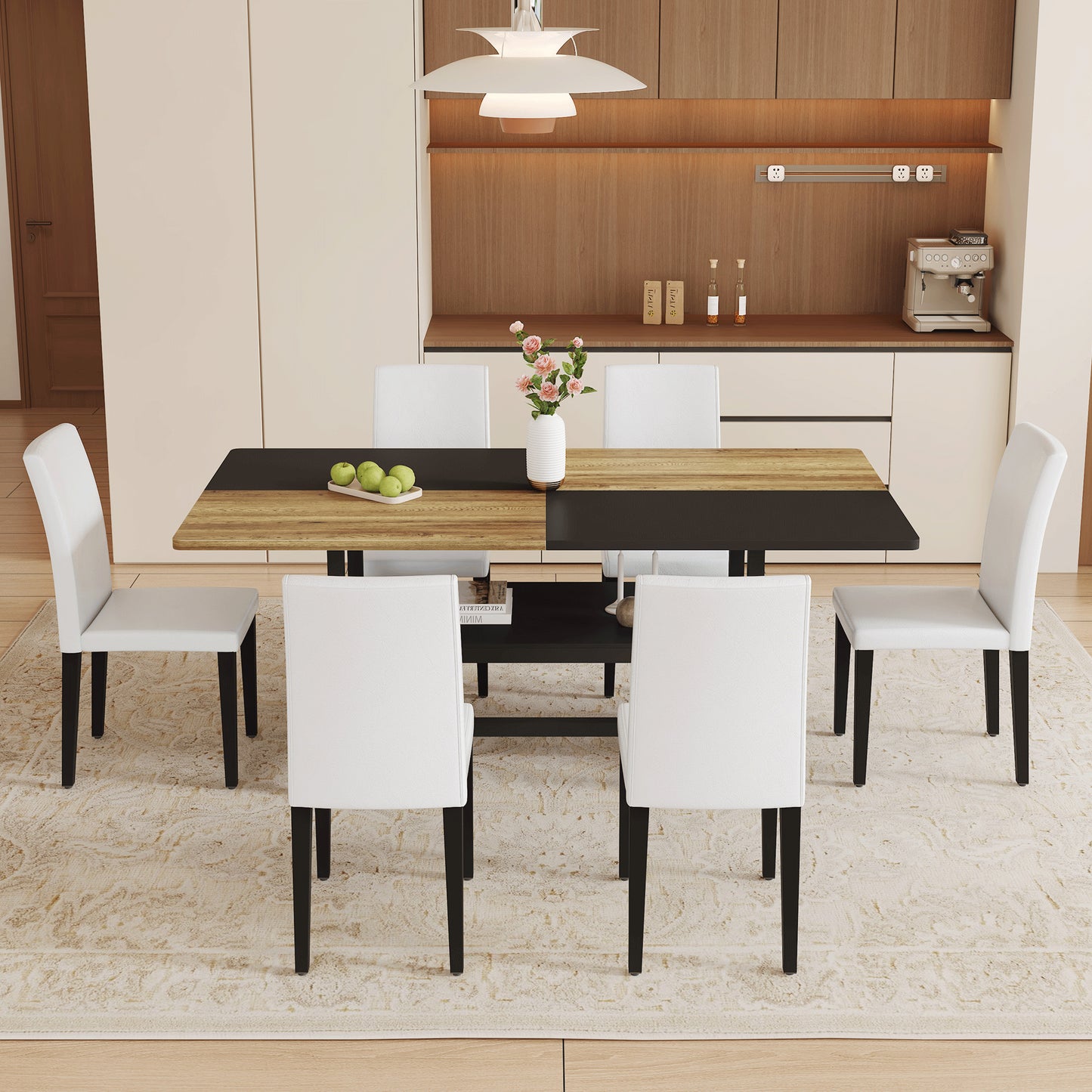Table And Chair Set.71x35.4 Inch Wooden And Black Spliced Dining Table With Storage Function In The Middle Of The Table Legs.Paired With 6 White PU Dining Chairs, Simple And Versatile.