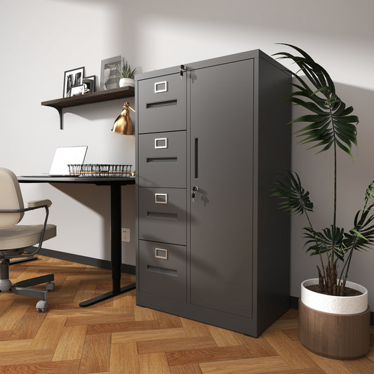 Metal Storage Vertical Filing Cabinet With Lock, Steel File Locker With 4 Drawers And 1 Door For School, Living Room, Bedroom, Office  Black