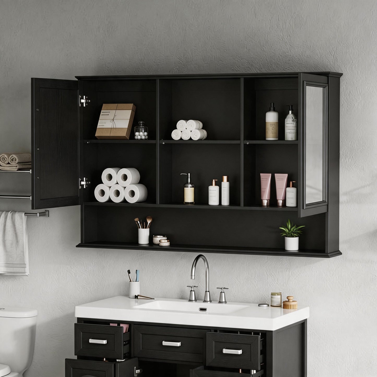 Video 60  Wall-Mounted Bathroom Medicine Cabinet With Double Mirrored Doors, Adjustable Shelves, Open Storage, Soft-Close Hinges, Black