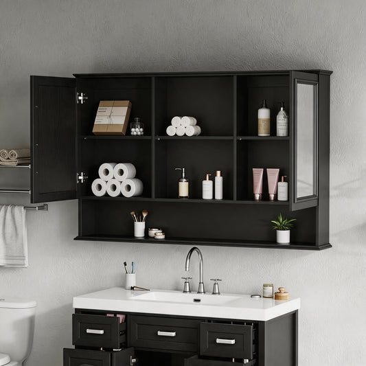 Video 60  Wall-Mounted Bathroom Medicine Cabinet With Double Mirrored Doors, Adjustable Shelves, Open Storage, Soft-Close Hinges, Black
