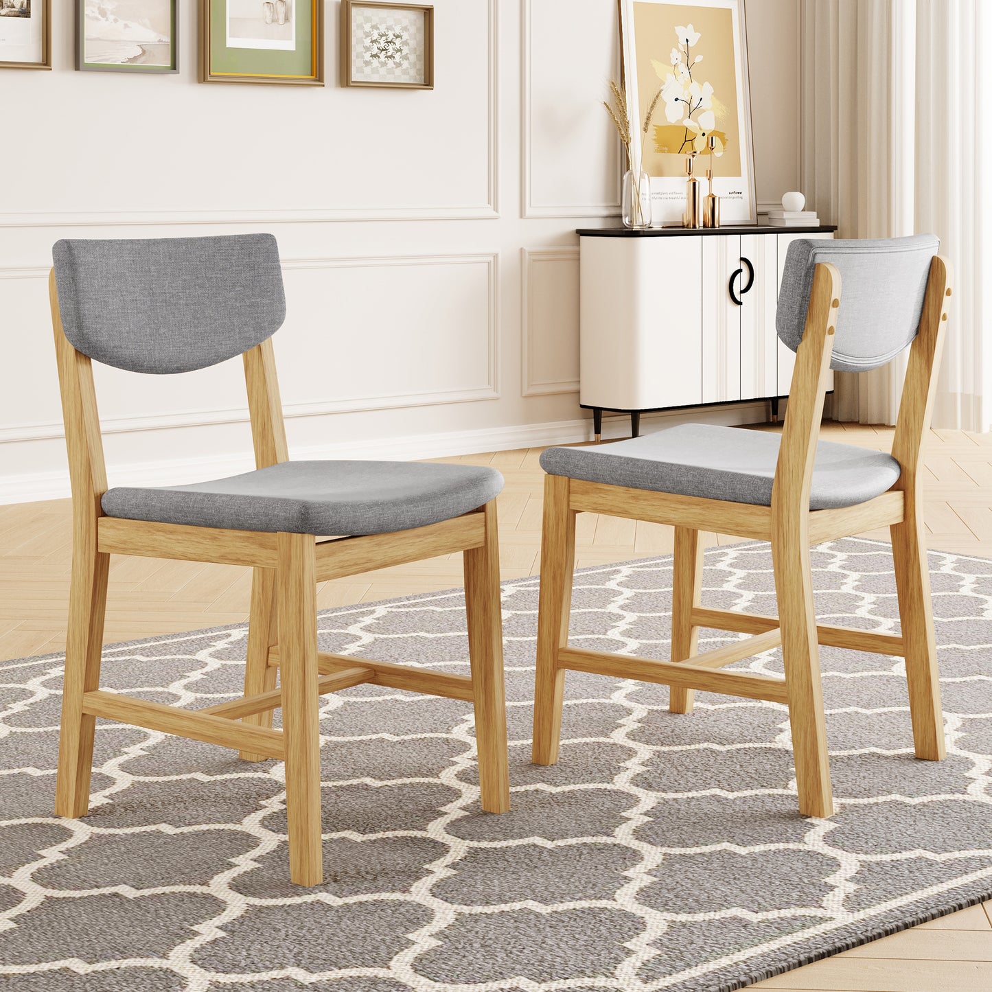 4-Piece Rustic Farmhouse Dining Chair - Solid Wood Frame With Gray Fabric Cushion, Upholstered Accent Chair For Kitchen, Dining Room, Living Room, Natural