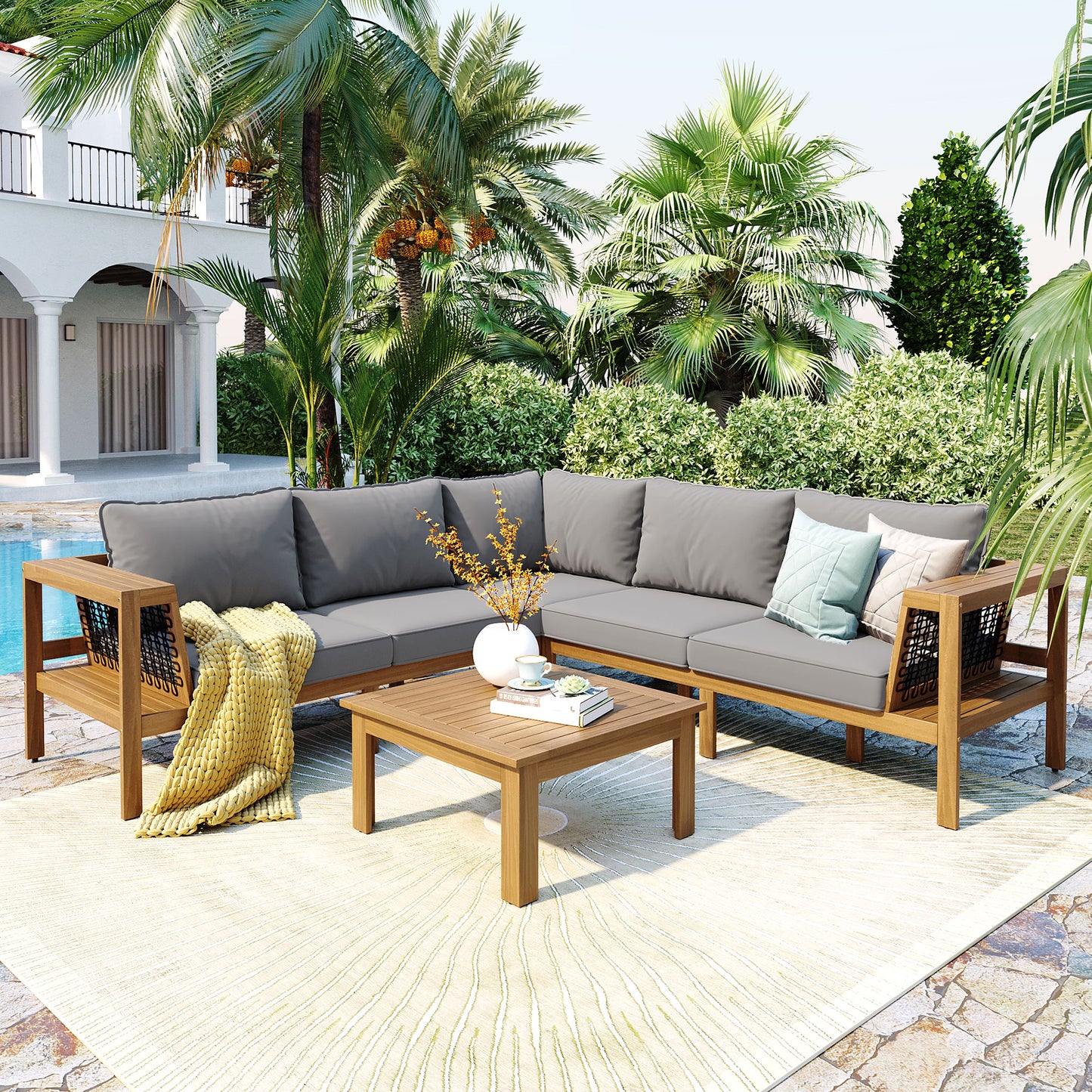 4 Pieces Outdoor Acacia Wood Sofa Set, Woven Mesh Armrests, L-Shaped Patio Furniture Sofa Set With Coffee Table, Outdoor Conversation Set With Gray Cushions And Side Table