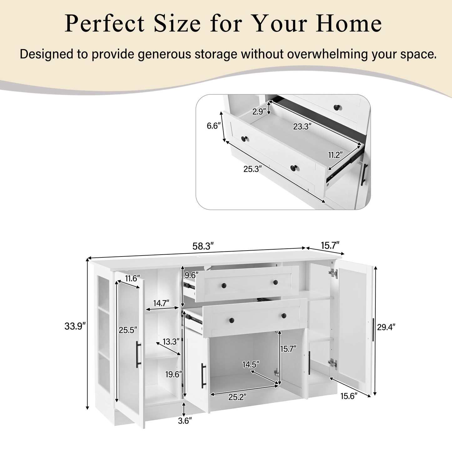 U- Style 58.3  Modern Buffet Sideboard With 4 Doors & 2 Drawers  Adjustable Shelves  Power Outlet  Acrylic Panels  Aluminum Alloy Handles  Storage Cabinet For Dining Room  Living Room And Kitchen