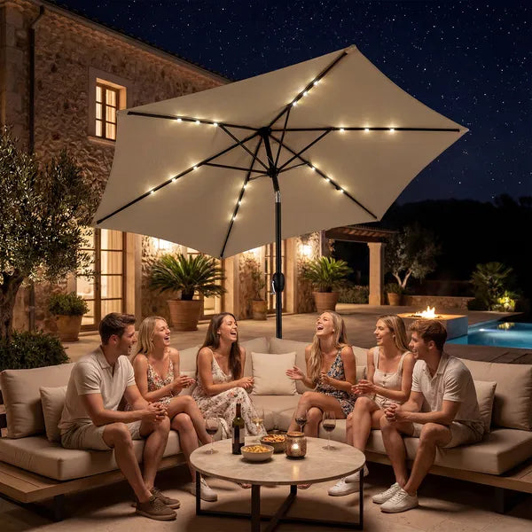 9ft Solar Patio Umbrella With LED Lights, Outdoor Market Table Umbrella With Push Button Tilt & Crank, 6 Ribs Waterproof Polyester Deck Umbrella For Garden, Backyard, Pool, Beige