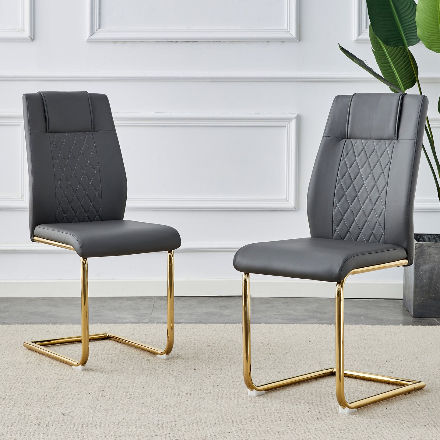 Modern Dining Chairs, Restaurant Chairs, And Gold Legged Upholstered Chairs Made Of Artificial Leather, Suitable For Kitchens, Living Rooms, Bedrooms, And Offices. Set Of 4 Pieces   Gray  PU   C-001
