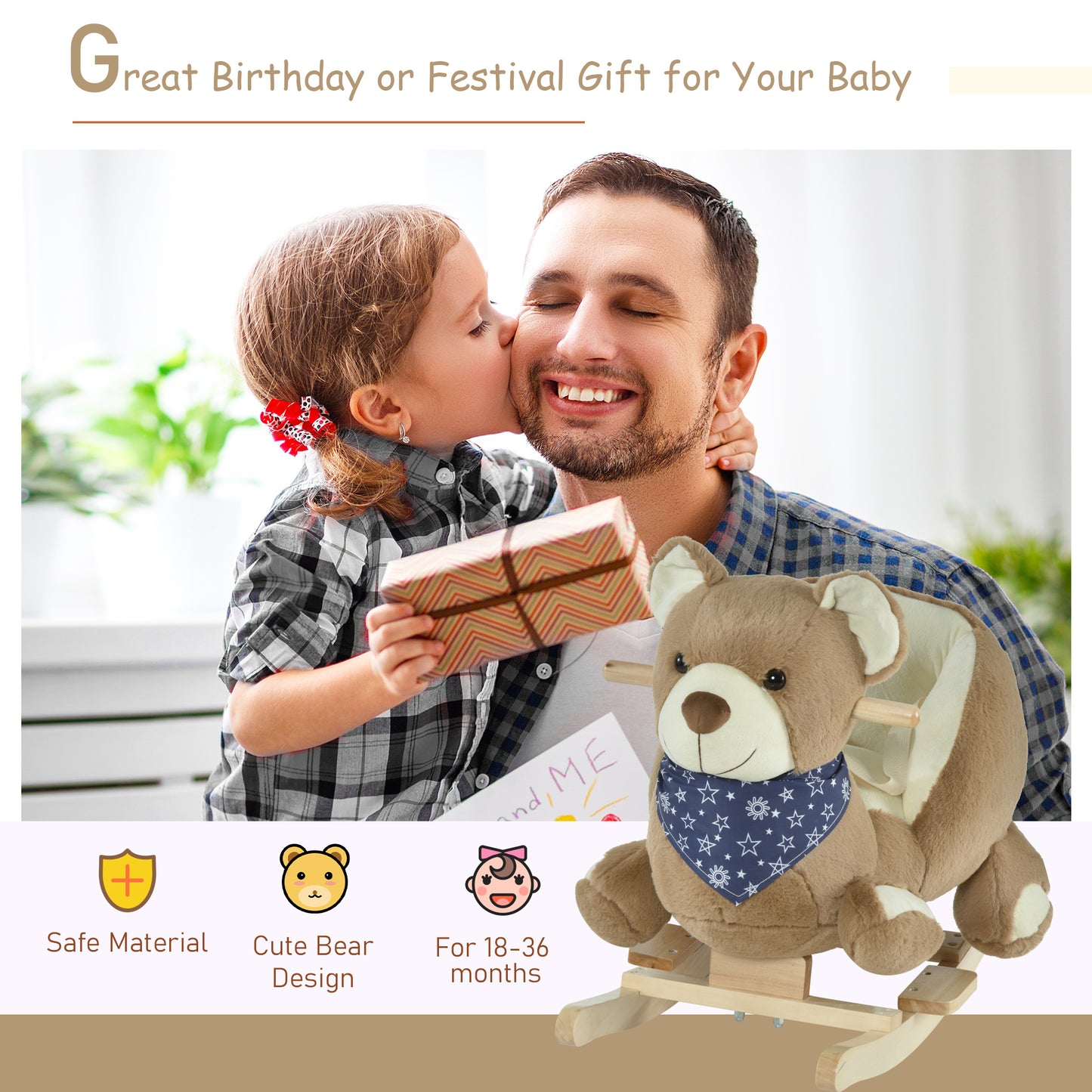 Baby Rocking Horse With Lullaby, Ride On Horse, Bear Themed Plush Animal Rocker With Pedals For Ages 18-36 Months, Easy To Assemble