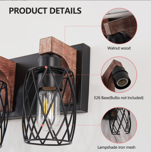 18inch Industrial Vintage 3-Light Wall Sconce - Black Cage Wall Lighting Fixture With Wooden Accents For Bathroom, Hallway, Or Living Room Bulb Not Included