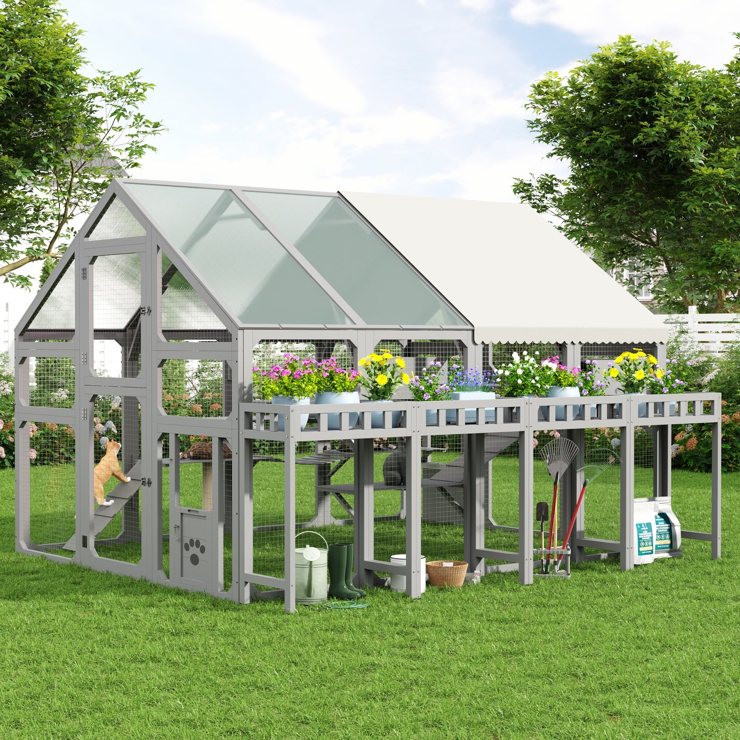 Large Outdoor Cat House With Planter Stand, Wooden Cat Enclosure With Resting Boxes For Multiple Kittens, Hanging Bridge, Platforms,Walk-In Catio Cage  With Waterproof Proof Cover, Grey