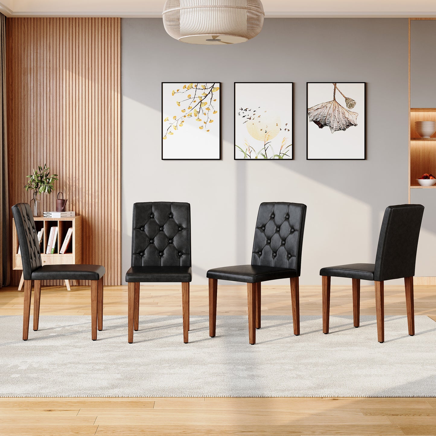 4-piece Set Of Black PU Dining Chairs Ergonomically Designed With A Buckle Backrest, 35 Inches High, Walnut Metal Legs, Combining Comfort And Texture. Very Suitable For Family Restaurants,hotel ,etc.