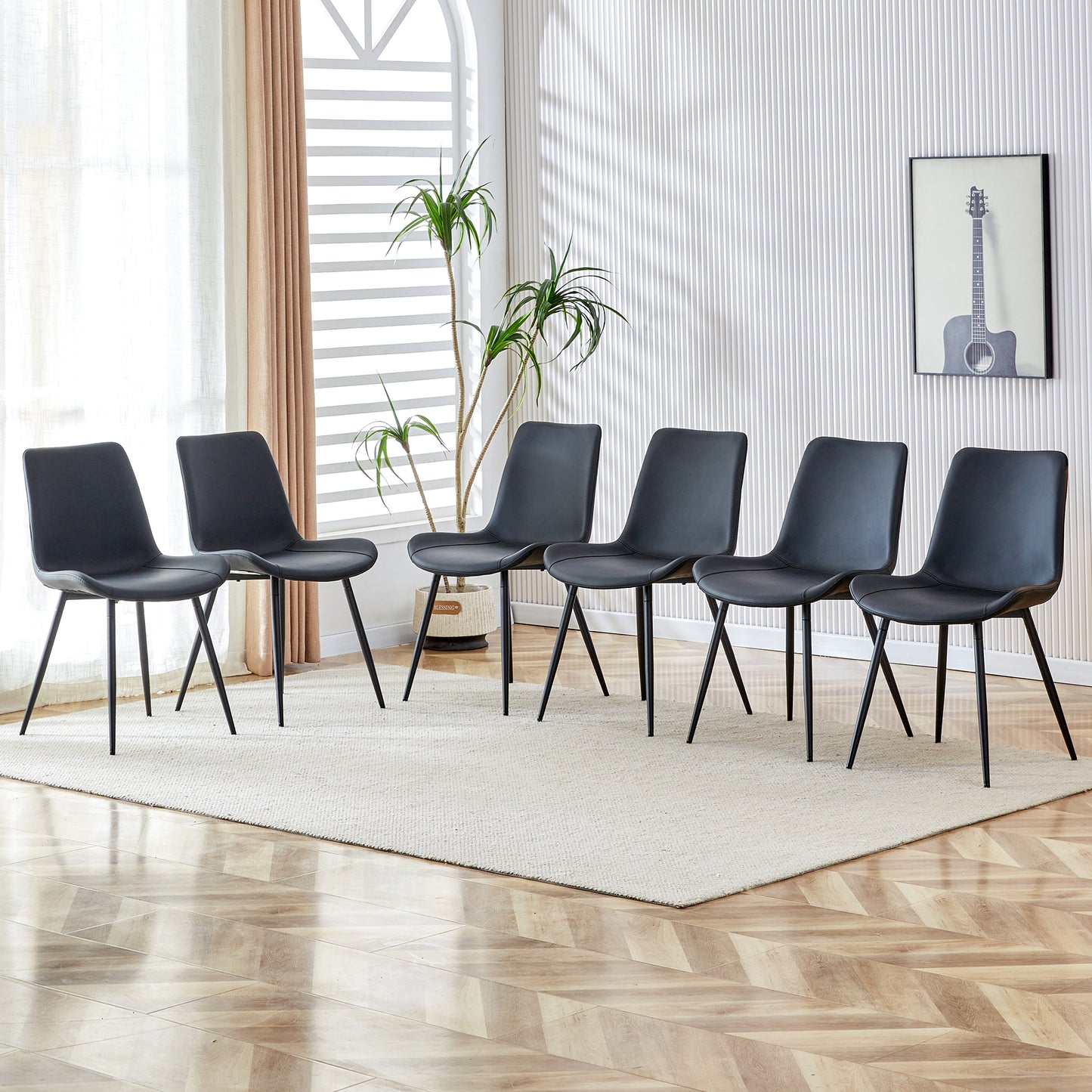 Black Artificial Leather Backrest Cushion Dining Chair, Black Metal Legs, Curved Widened Cushion Design For More Comfort, Suitable For Restaurants, Kitchens, Bedrooms, Offices. 6 Chairs   0502