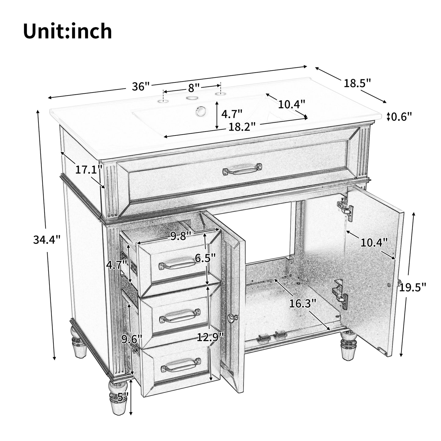 36  Bathroom Vanity With Sink, Bathroom Cabinet With Drawers, Solid Frame And MDF Board, Two Packages, White Same