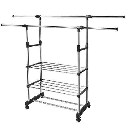 1Pc Extendable Garment Hanging Rack Clothing Hanging Rail Pillow Shoe Display Organizer With Rolling Wheels Hold Up To 77LBS