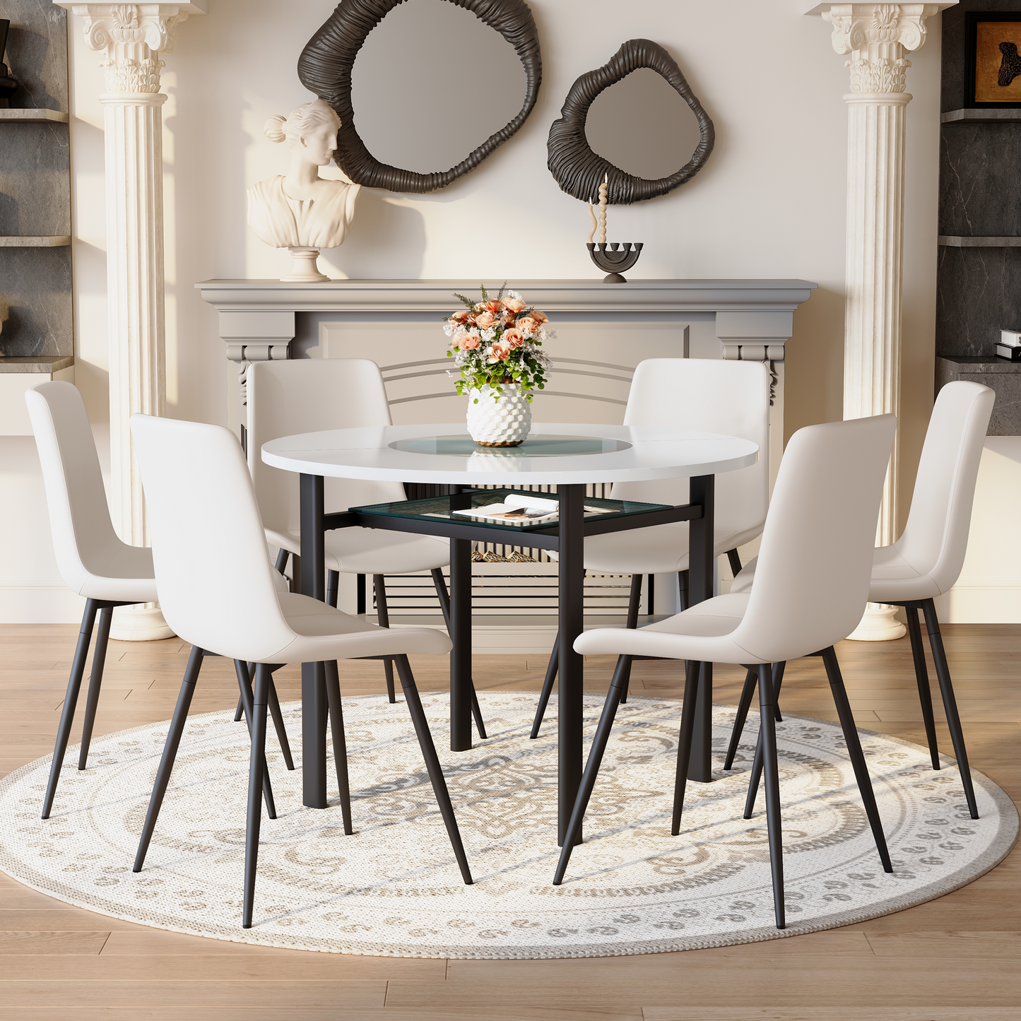 Table And Chair Set.42 Inch Modern Minimalist White Desktop Round Dining Table Set.Paired With 6 White Artificial PU Chairs With Curved Widened Cushion Design.Suitable For Dining Rooms,office,etc.