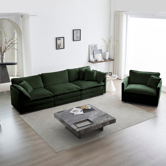 Modern Sofa Couch, 3 Piece Set Extra Deep Seat Sectional Sofa For Living Room, Oversized Sofa, 3 Seat Sofa, Loveseat And Single Sofa, Green Chenille