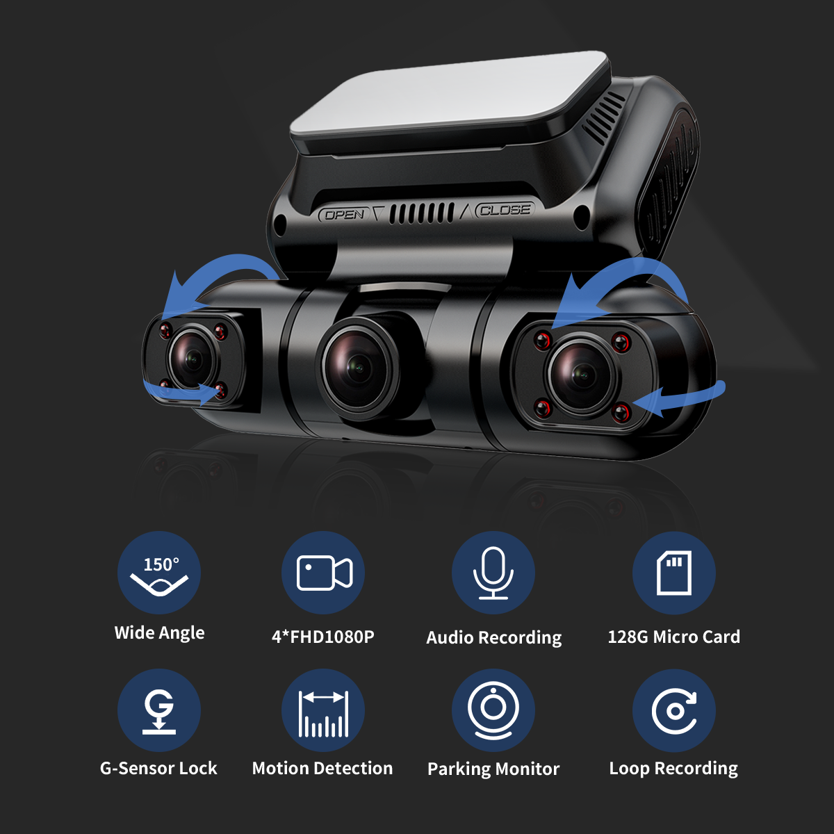Hainatech 360 Degree View 4 Channel Dash Cam Front And Rear Inside Left Right, Dash Camera For Cars, Built-in GPS WiFi Night Vision, 24  7 Recording Parking Mode Monitor, Free 128G Card
