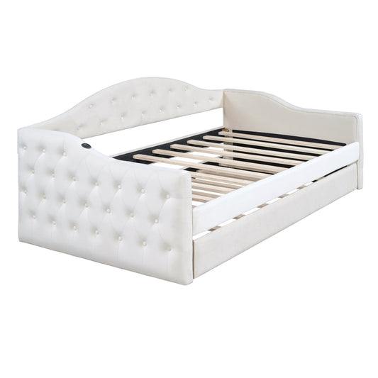 Twin Size Tufted Upholstered Daybed With Trundle ,Velvet Sofabed With USB&Type-C Charging Ports,No Box-spring Needed, Beige Old SKU  HL000088AAA