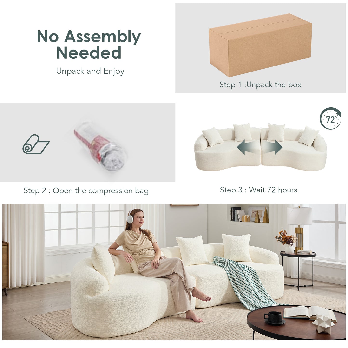 Curved Boneless Sofa Compression Modular 110'' Sectional White High-Density Couches Sleeper For Living Room Bedroom Apartment Lounge Chenille
