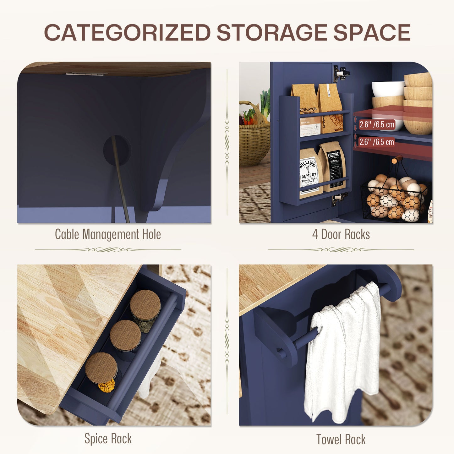 Kitchen Island On Wheels With Drop Leaf, Charging Station, Rolling Kitchen Cart With Wood Top, Adjustable Shelf, Blue