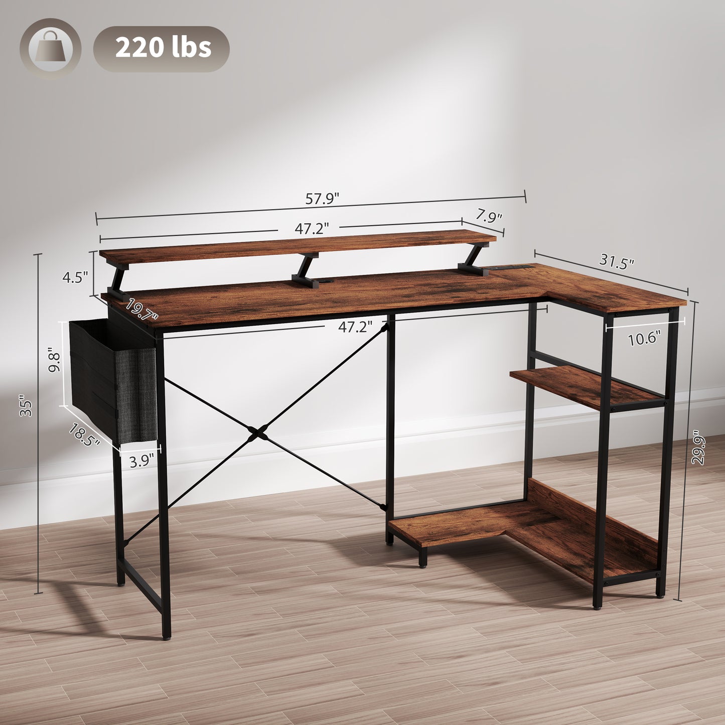 58" Reversible L Shaped Computer Desk, Corner Desk With Monitor Stand, Power Outlets And LED Lights, Rustic Brown