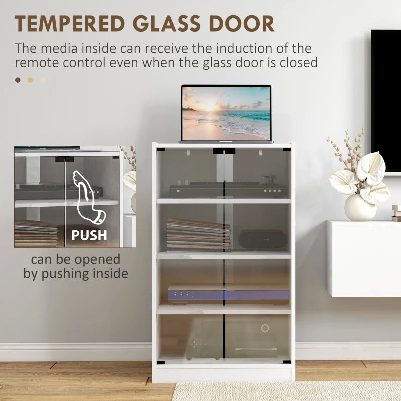4-Tier Media Cabinet, Media Stand With Adjustable Shelves, Tempered Glass Doors, And Cable Management, Distressed White