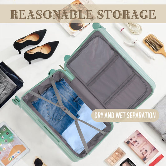 20  24  28  3 Pcs Set In ABS Spinner Wheel Luggage, Carry On Suitcase, With Cup Holder & USB Port & Phone Holder  Mint Green