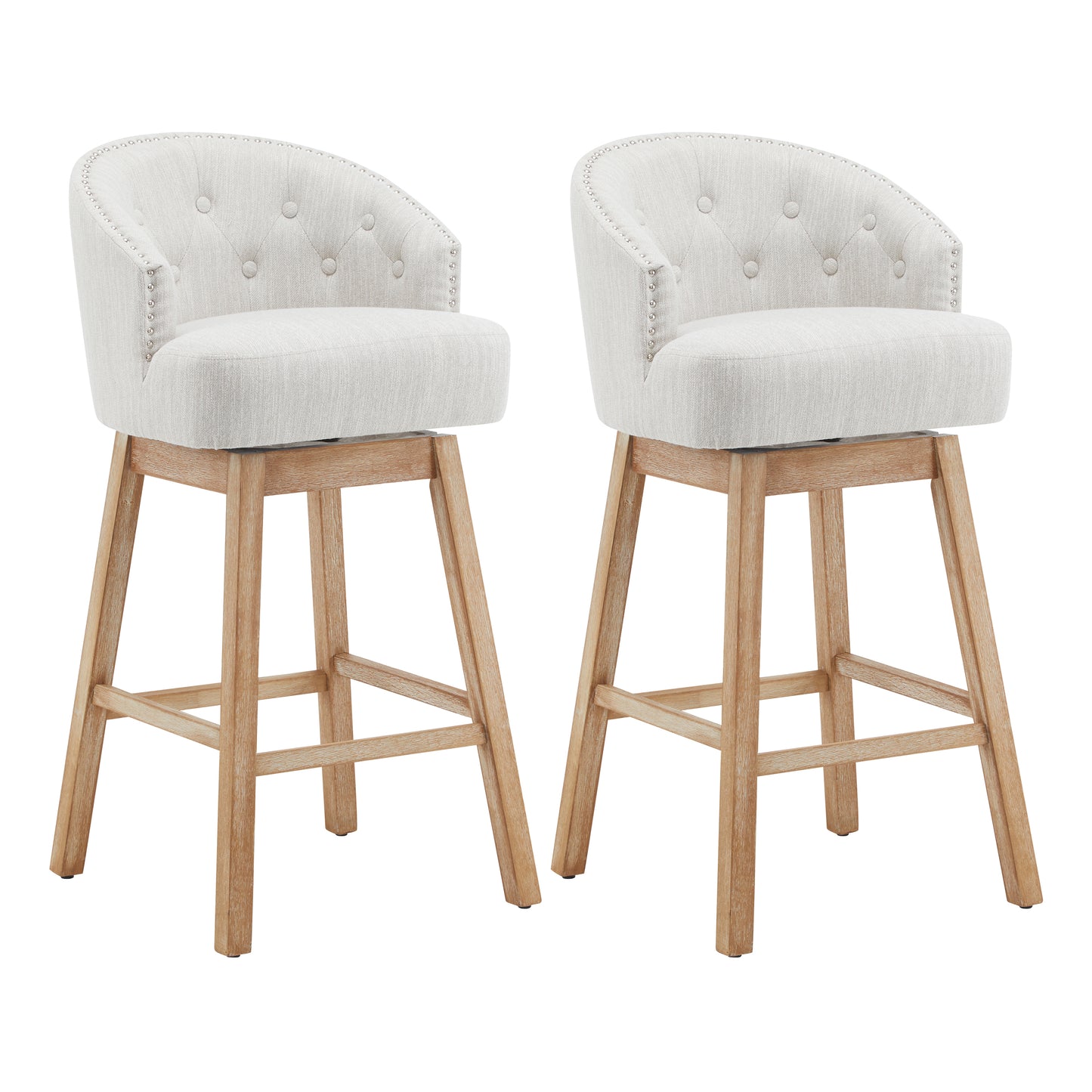 33.25 Swivel Counter Stools Set Of 2, Upholstered Counter Height Bar Stools With Solid Rubber Wood Frame, Backrest, Footrest, Armless Barstools For Home Bar, Kitchen Counter, Natural   Beige