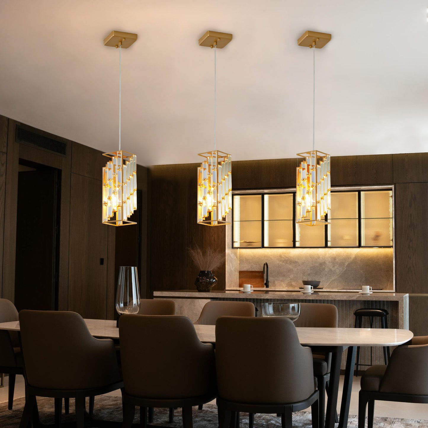 4in Modern Crystal Pendant Light - 3 Pack, Adjustable Hanging Ceiling Lamp With Crystal Prism Design For Dining Room, Kitchen Island, And Living Room -Golden Finish