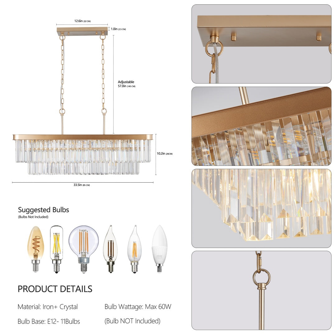 Chandeliers,Rectangular Crystal Chandelier Adjustable,E12 Modern Industrial Crystal Lights,Farmhouse Iron Ceiling Hanging Light For Kitchen Living Room Bedroom-Gold-Bulb Not Included