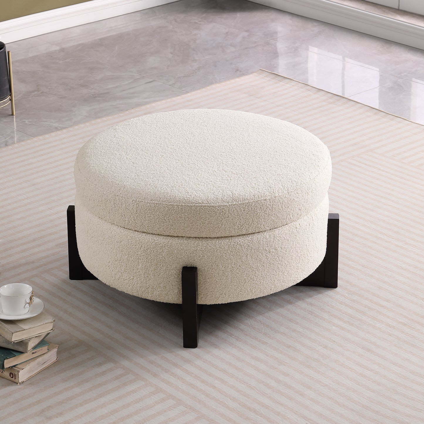 Stylish Round Ottoman With Storage Inside, Oak Fold-out Legs, Beige.