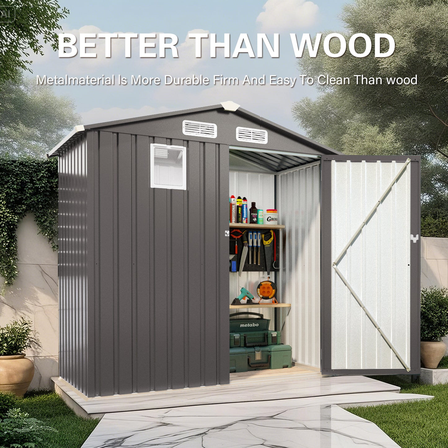 6X 3.6FT Metal Outdoor Storage Shed, Tool Shed With Peaked Roof Watertight With Clear Window And Lockable Door Compact Metal Tool Room For Garden, Backyard, Patio, Sundries And Bike Storage, Gray