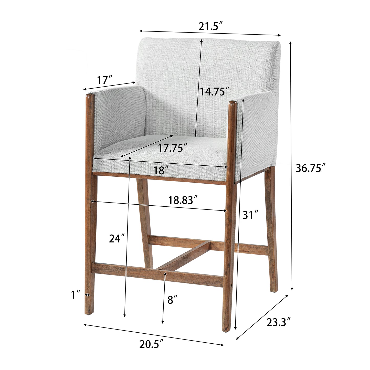 24 Seat Height Upholstered Counter Stools With Arms For Kitchen Island Dining Room, Set Of 2