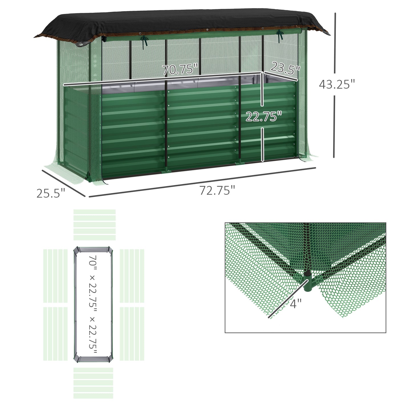 Galvanized Steel Planter Box With Crop Cage And Shade Cloth, Raised Garden Bed For Flowers, Veggies And Herbs, Green