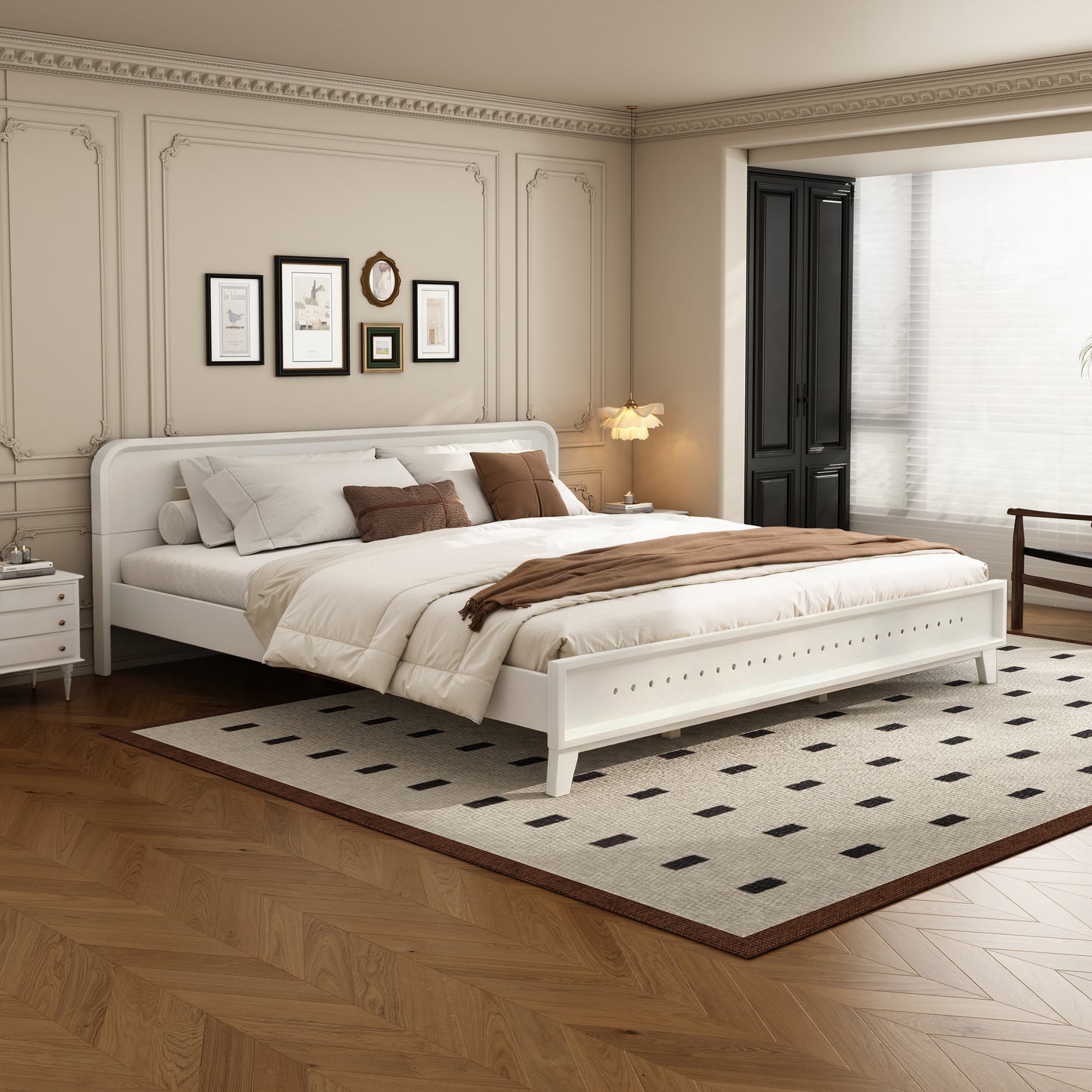 PINE SOLID WOOD KING SIZE BED, SOLID AND STABLE, NO BOX SPRING NEEDED, WHITE COLOR