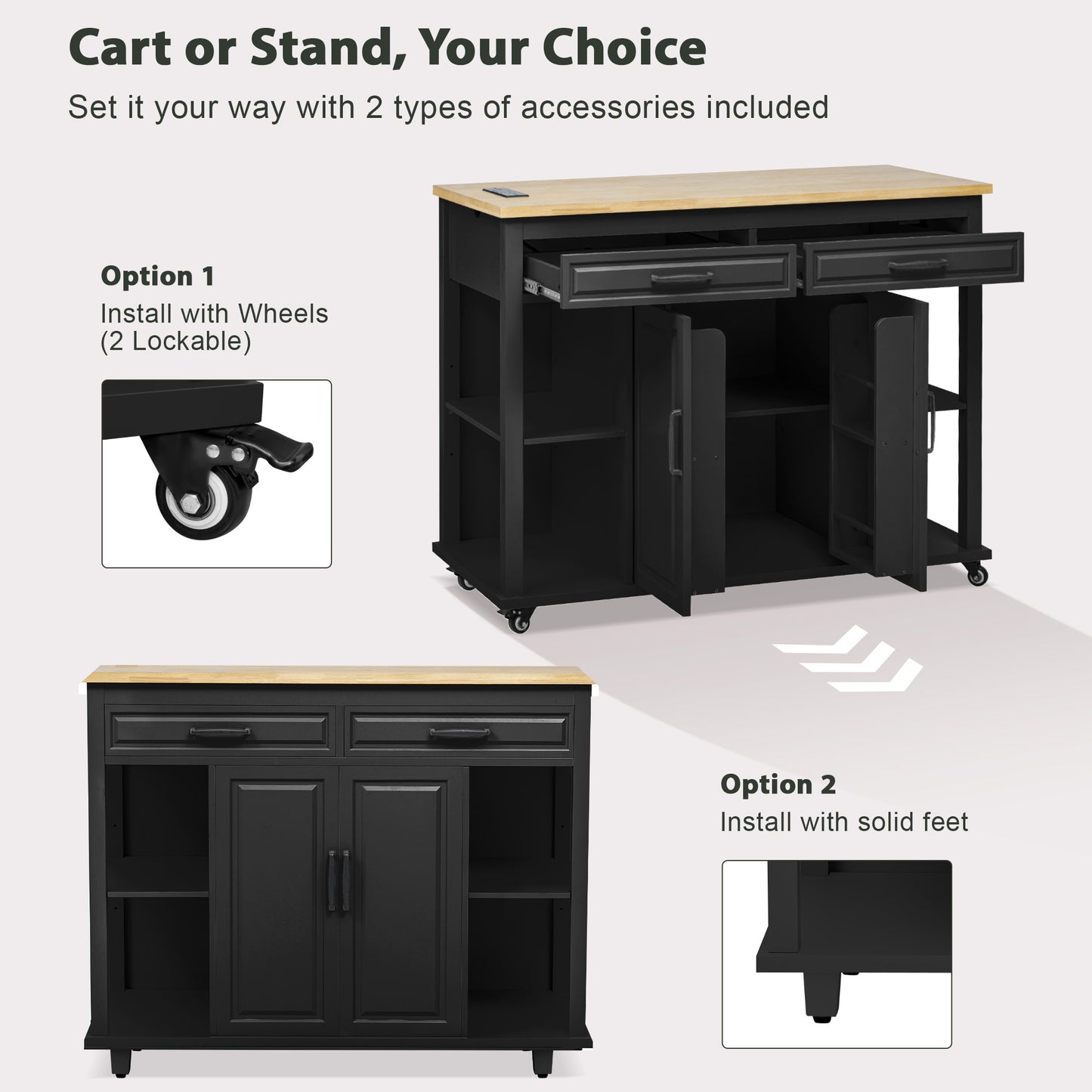 K&K 47 Inch Kitchen Island With Extendable Dining Table, Rubber Wood Veneer Kitchen Table With Internal Storage Rack, Power Outlet, Kitchen Island With Storage 2 Drawers 2 Cabinet, Black
