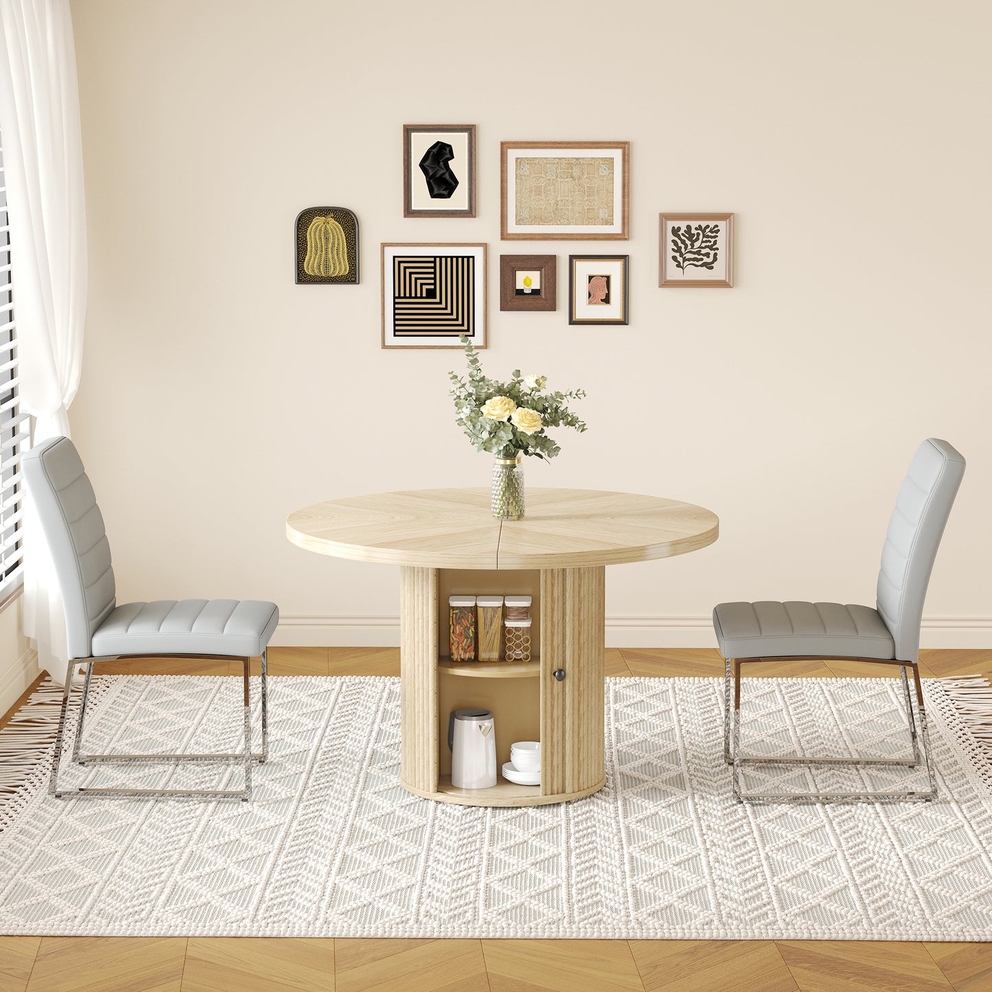 2piece PU Padded Dining Chair Set With 47.2 In Round Roman Column Table, Storage Included, Suitable For Restaurants Wooden Color