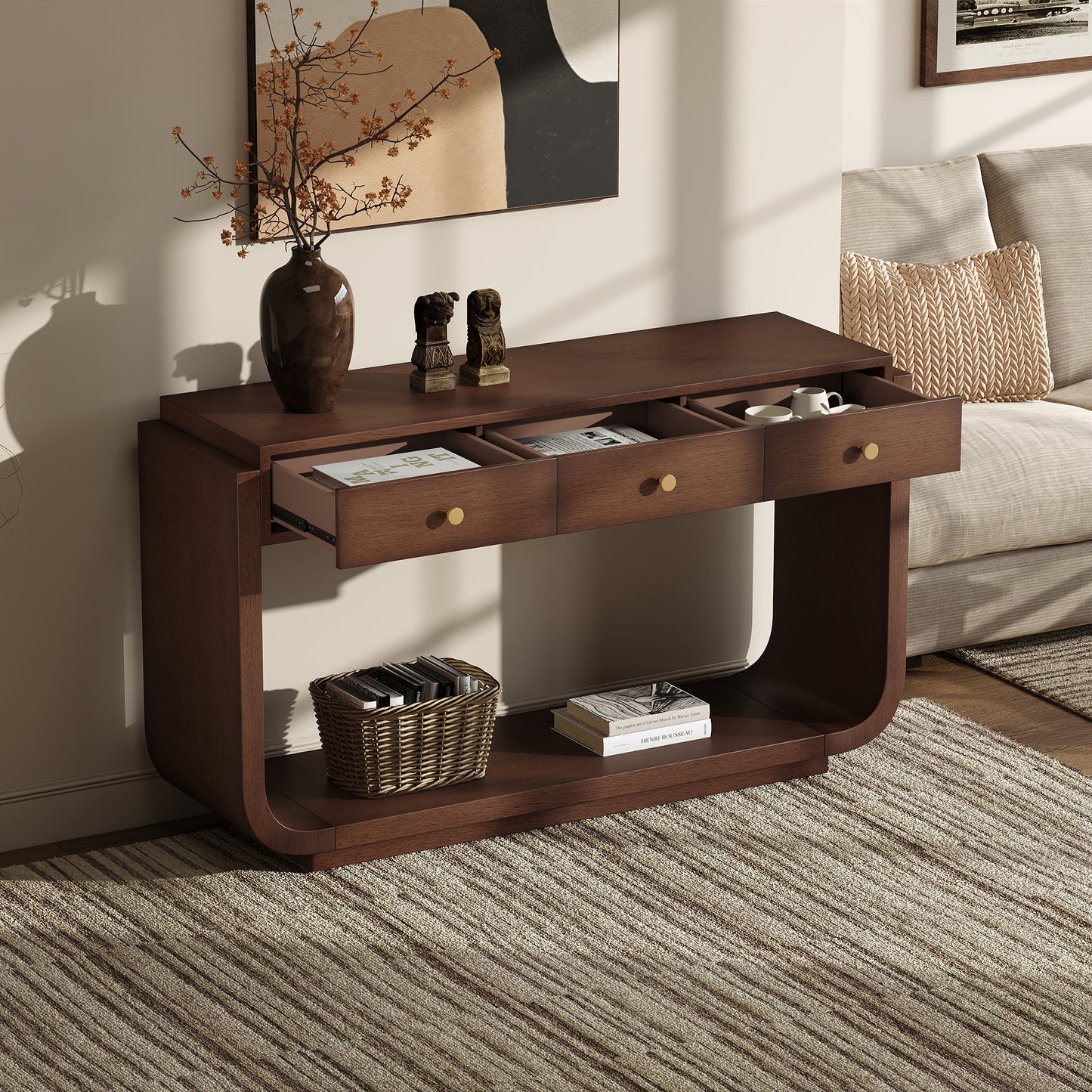 Classic-Style Console Table, 3 Storage Drawers, Display Shelf, Curved Legs, Painted Finish, Entryway Hallway Living Room, Walnut