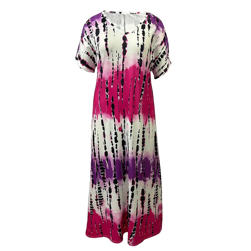 Women's Summer Tie Dye Maxi Dress Short Sleeve V Neck Casual Loose Long Split Dresses