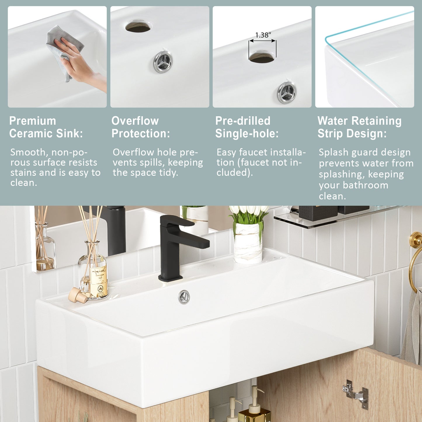 21.6  Wood Bathroom Vanity, Combo Cabinet, Bathroom Storage Cabinet, Single Ceramic Sink, Left Side Storage